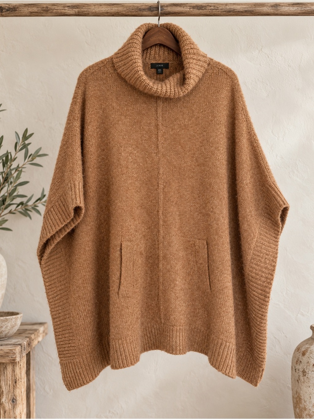 J.Crew Wool Alpaca Poncho Sweater M/L Camel Turtleneck Oversized
